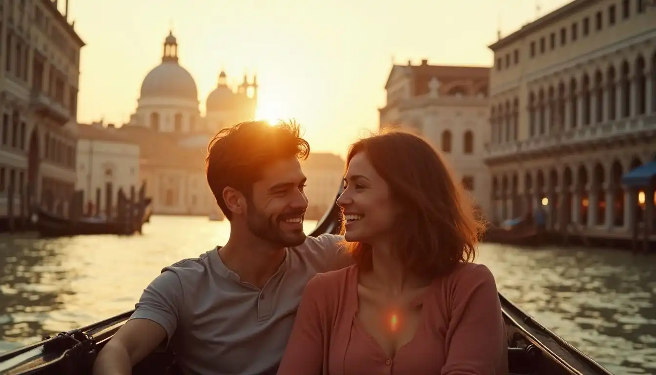 A couple enjoys a romantic gondola ride through Venice's canals. A couple enjoys a romantic gondola ride through Venice's canals.