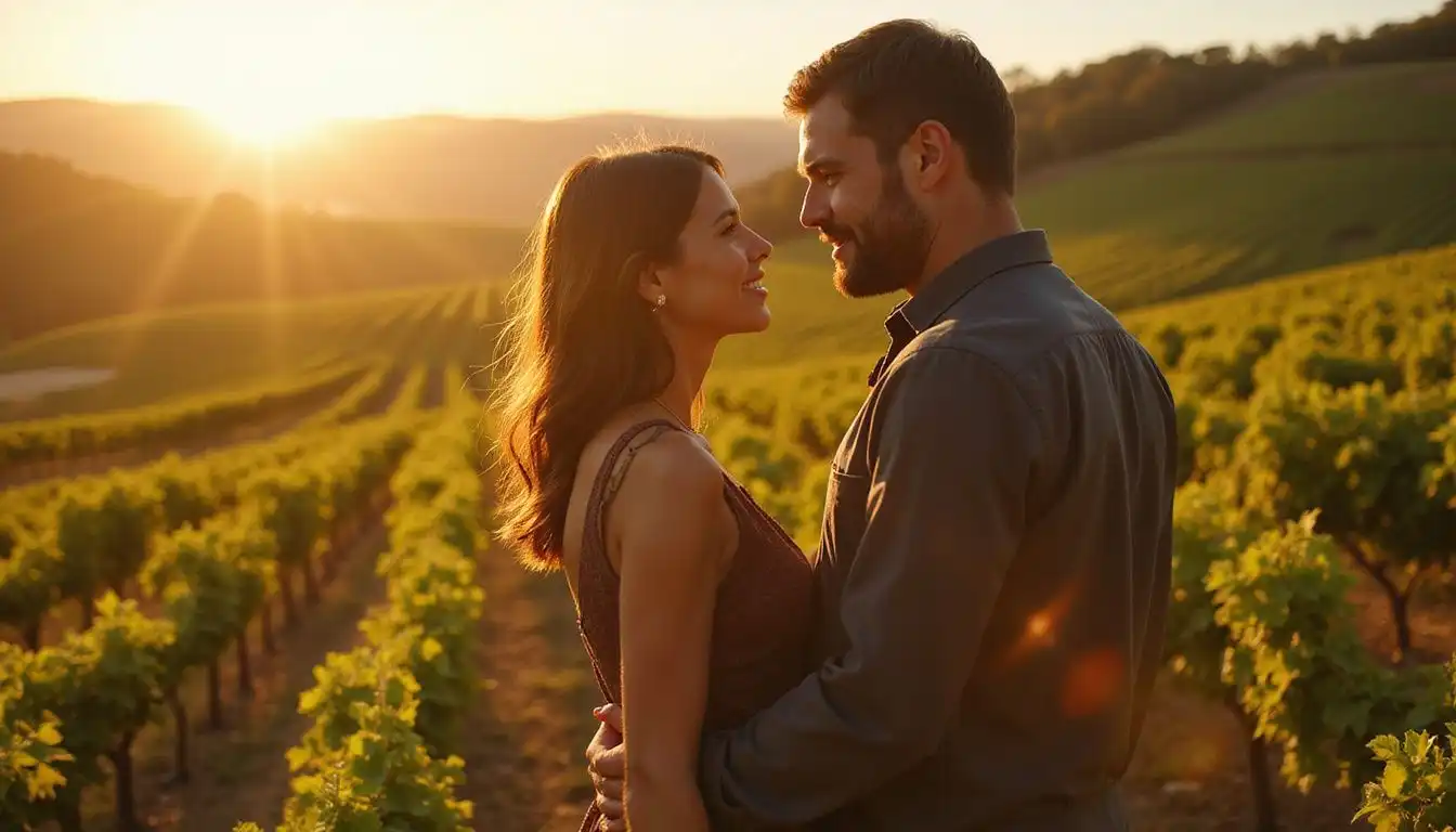 A couple shares a tender moment in lush Napa Valley vineyards.