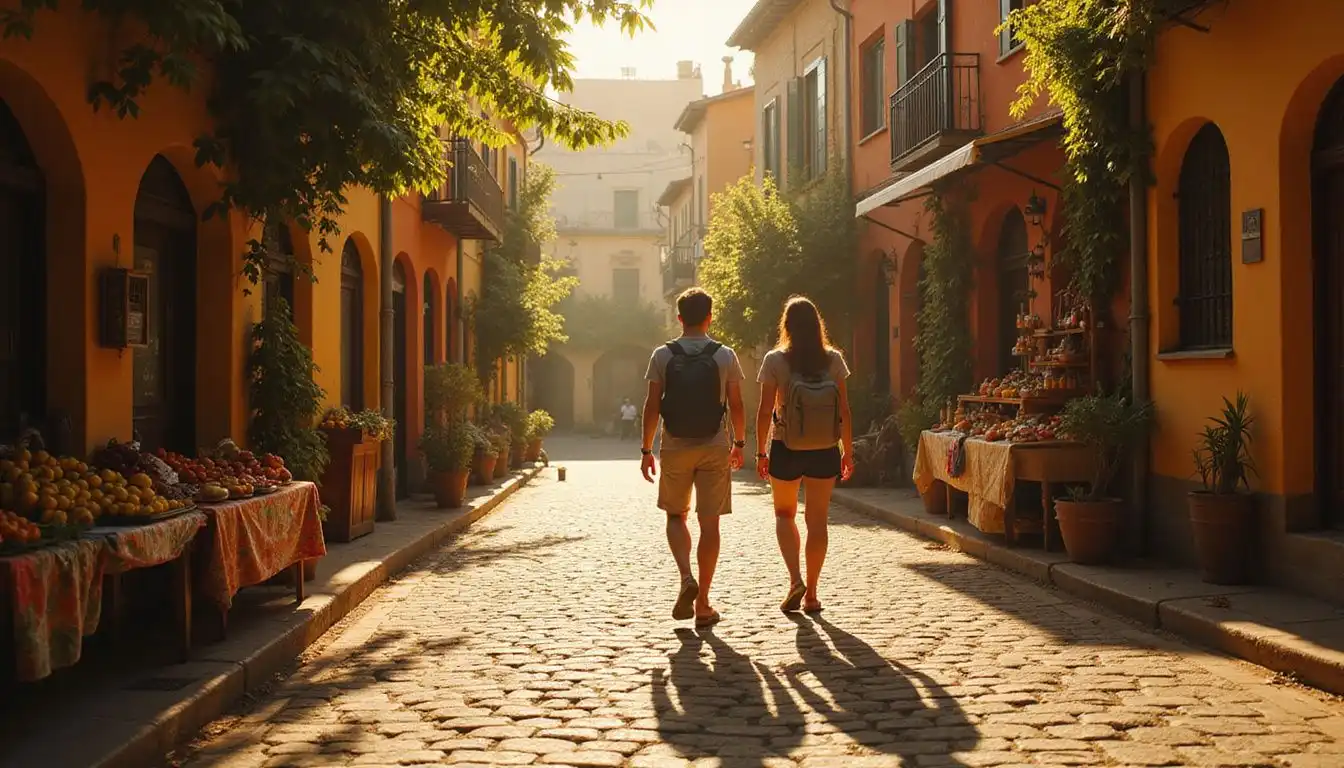 Two travelers explore a vibrant European village alley, captivated by charm.