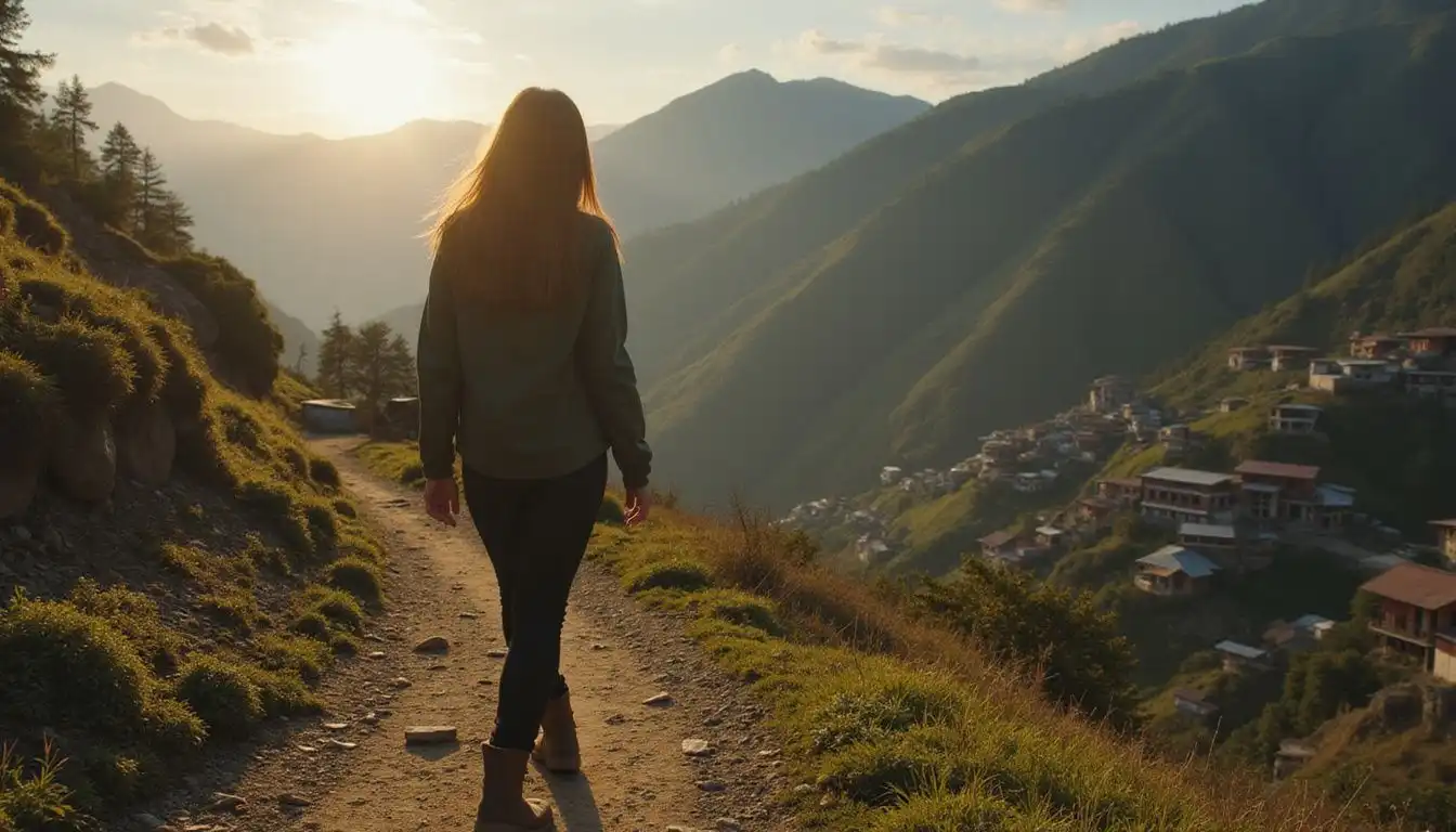 A determined woman hikes through a remote Nepalese village at twilight.